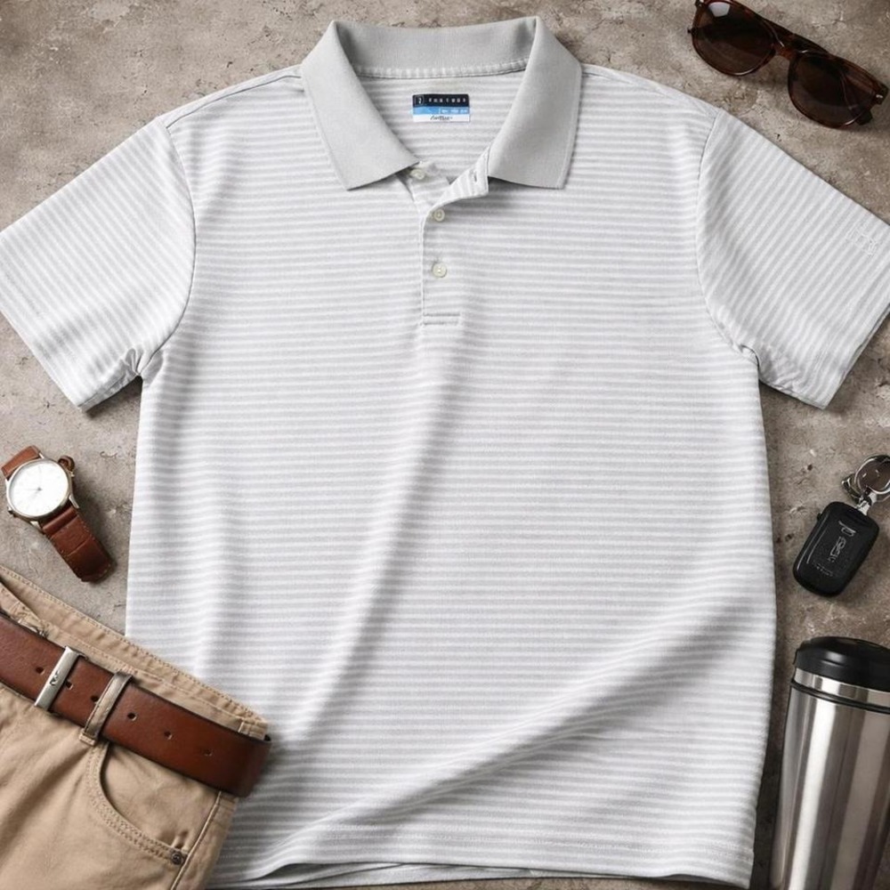PGA Tour Airflux Mens XXL Polo Pickleball Shirt Grey White Striped‎ Short Sleeve